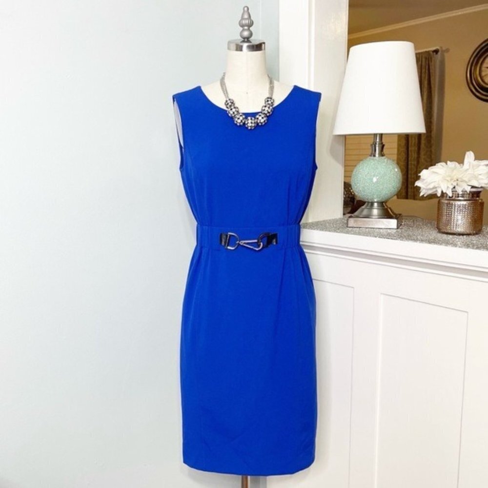 Calvin Klein Blue Sleeveless Sheath Dress with Elastic Buckle Waist Size 2 - Picture 2 of 10